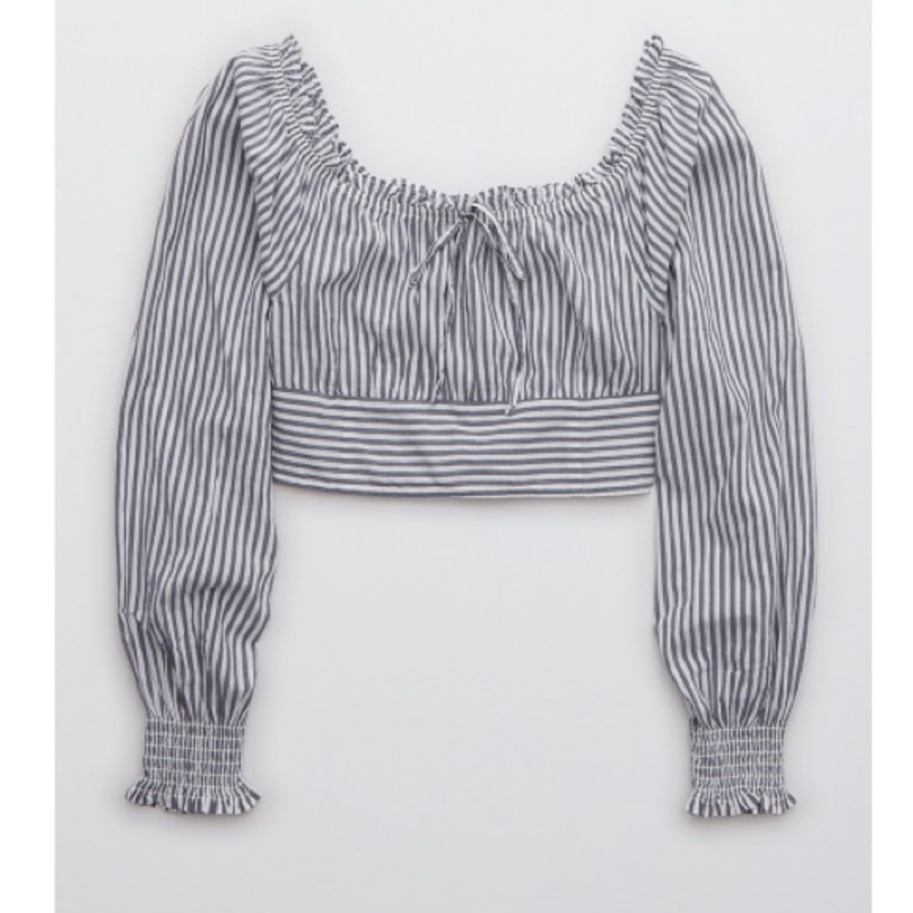 Aerie Woven Pretty Long-Sleeved Navy Striped Cropped Blouse